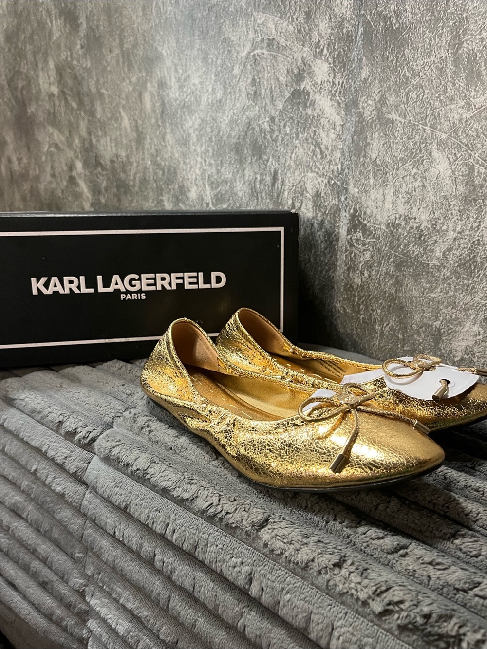 Karl Lagerfeld Metallic Gold Bow Ballet Flats